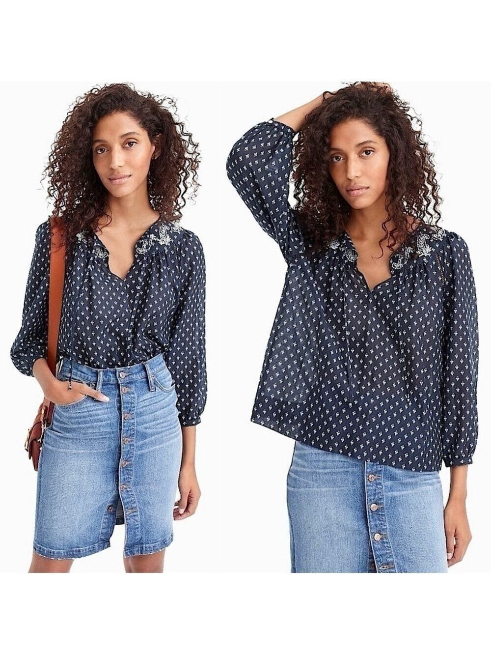 J. Crew Point Sur Embroidered Block Print Peasant Top
